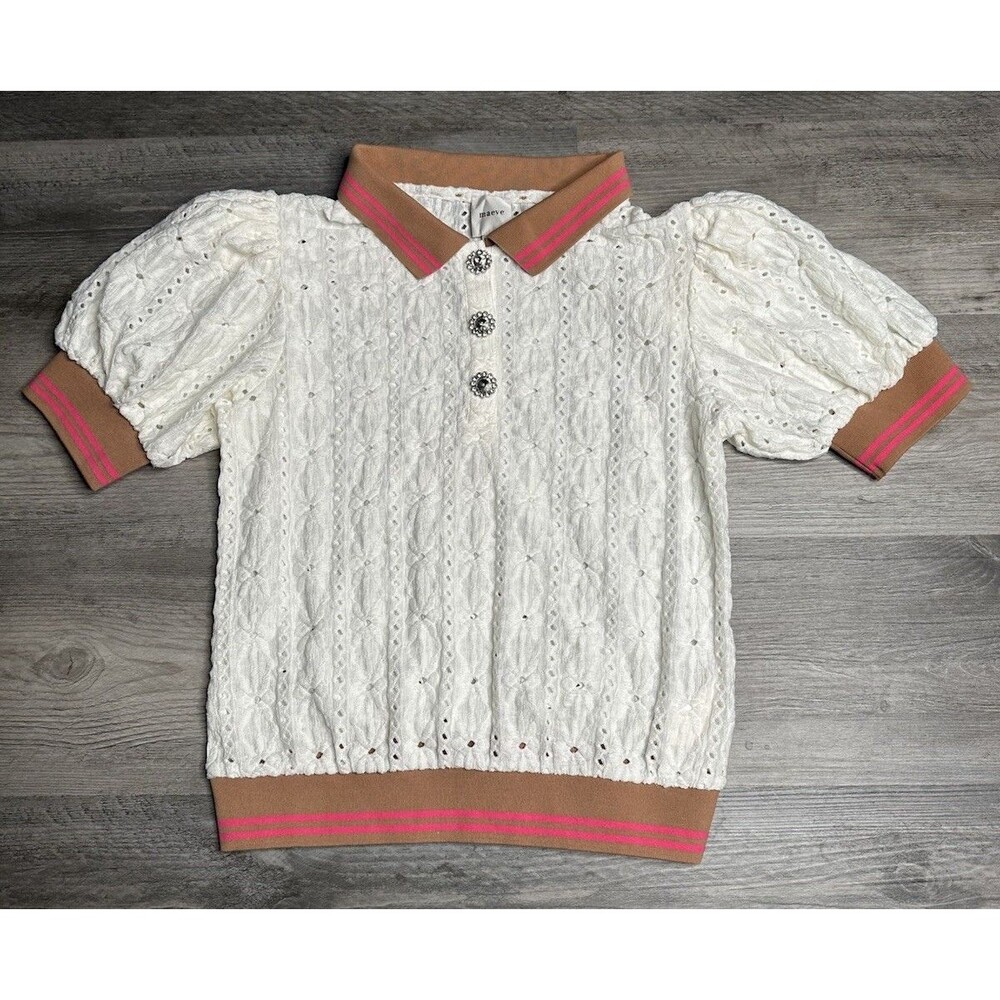 Anthropologie Maeve Puff Sleeve Lace Polo Top White Pink Size S
